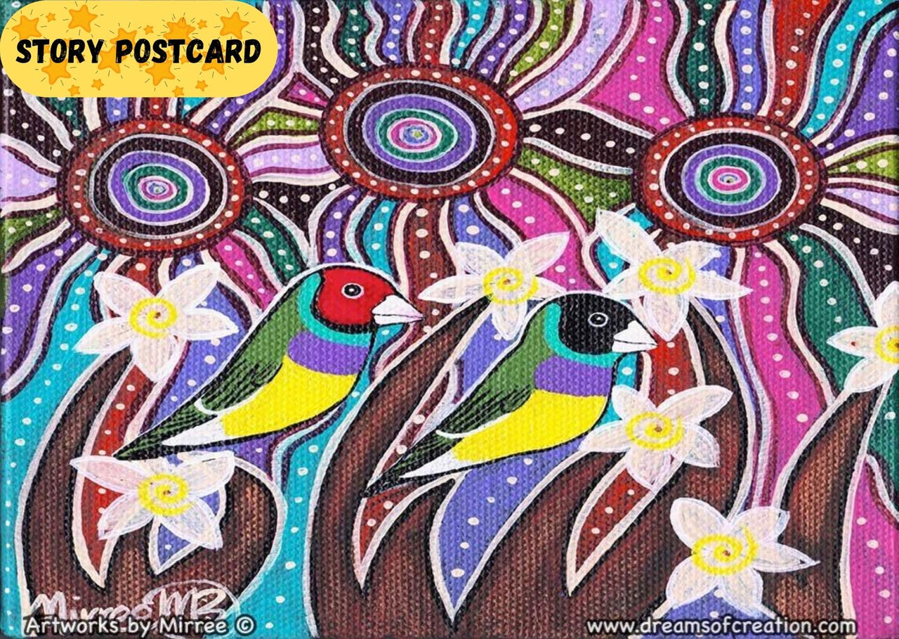 Australian Gouldian Rainbow Finch Universal Spirit Dreaming Aboriginal Art A6 Story PostCard Single by Mirree