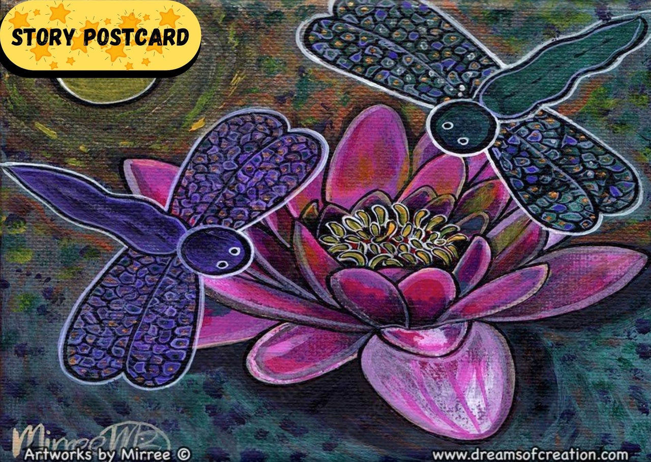 Pink Lotus with Dragonflies Aboriginal Art A6 Story PostCard Single by Mirree