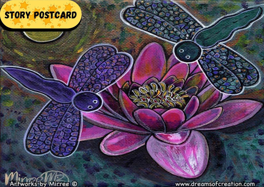 Pink Lotus with Dragonflies Aboriginal Art A6 Story PostCard Single by Mirree