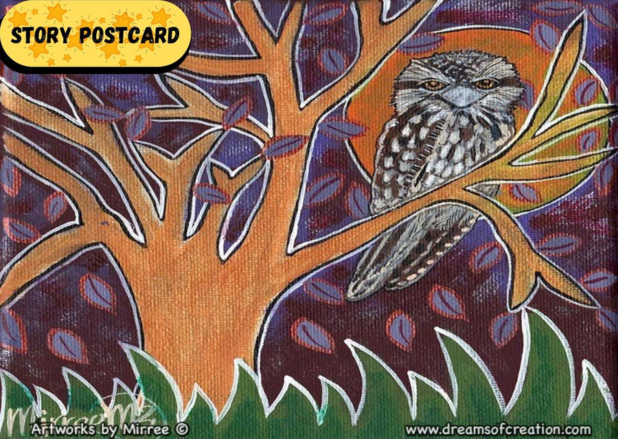 'Tawny Frogmouth in Tree' Sensitivity Series Aboriginal Art A6 Story PostCard Single by Mirree