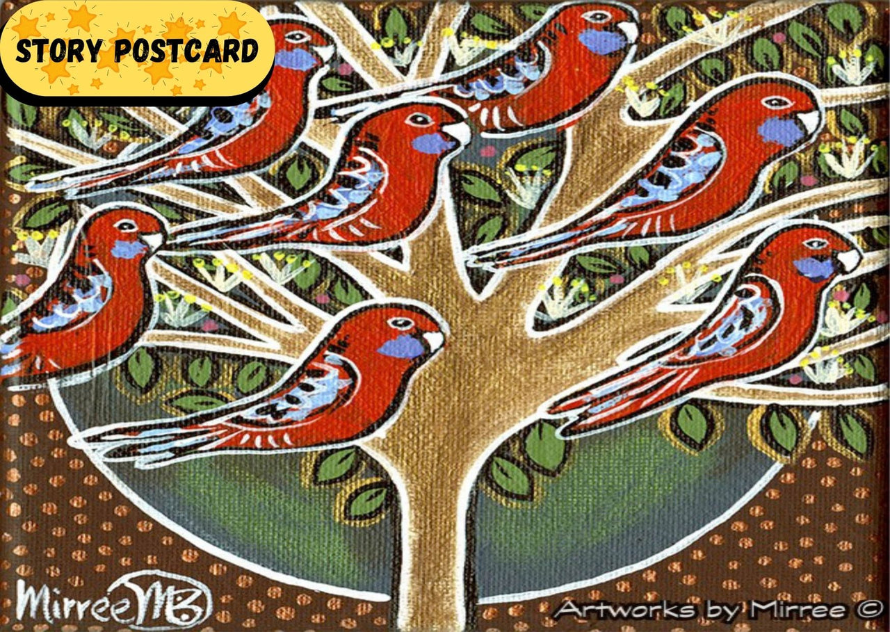 'Australian Crimson Rosellas in Tree' Life Changing Aboriginal Art A6 Story PostCard Single by Mirree