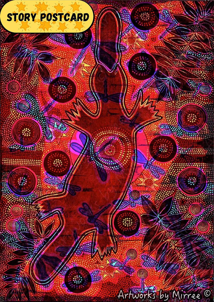'Platypus with Dragonfly' Aboriginal Art A6 Story PostCard Single by Mirree