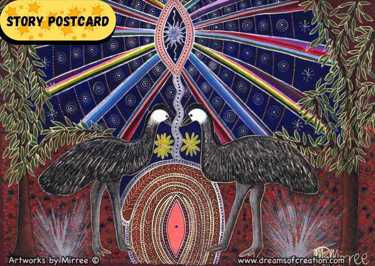 'Dreamtime Emu Celestial Wisdom' Aboriginal Art A6 Story PostCard Single by Mirree