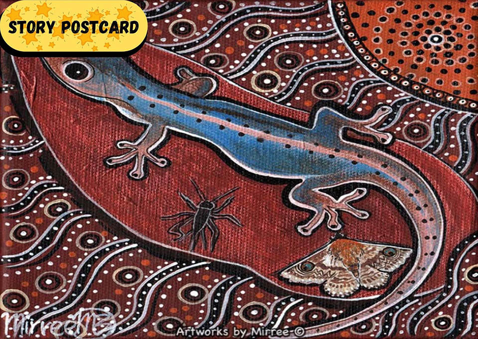 'Native House Gecko with Southern Old Lady Moth & Cricket' Aboriginal Art A6 Story PostCard Single by Mirree