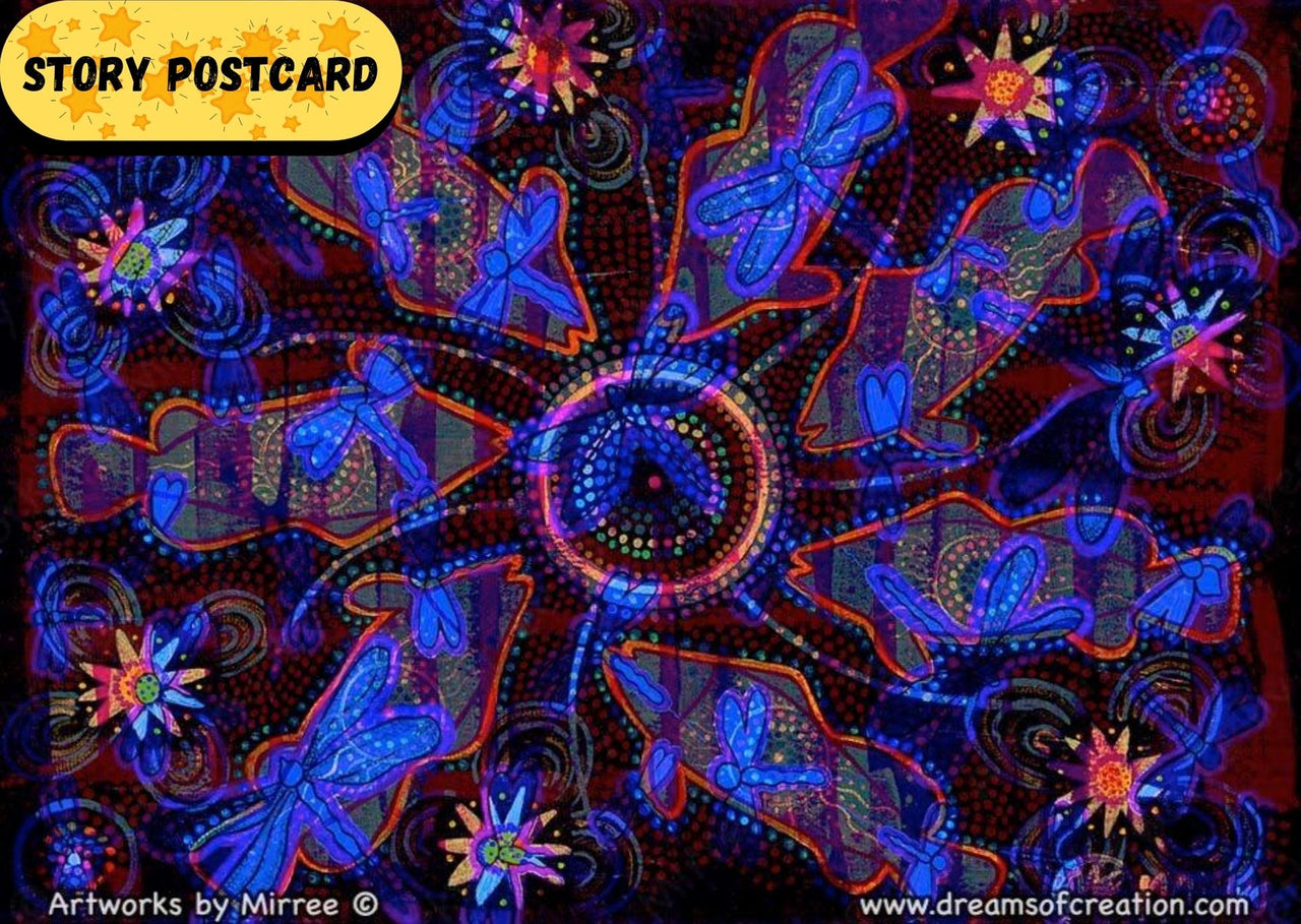 'Barramundi Dreaming with Dragonfly by Muddy Waters' Aboriginal Art A6 Story PostCard Single by Mirree