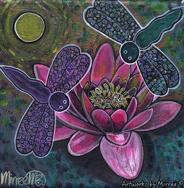 PINK LOTUS WITH DRAGONFLY & SETTING SUN Framed Canvas Print by Mirree Contemporary Aboriginal Art