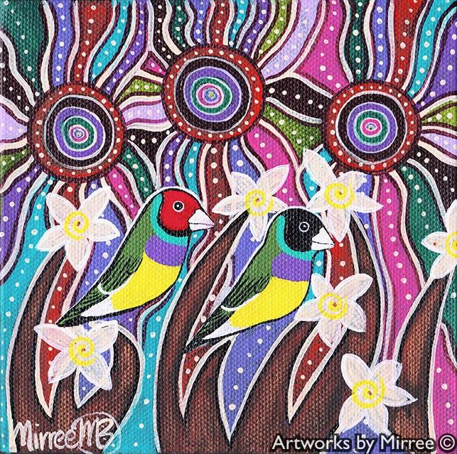GOULDIAN FINCH Framed Canvas Print by Mirree Contemporary Aboriginal Art