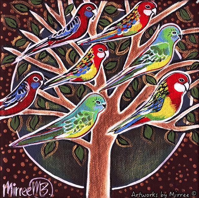 AUSTRALIAN NATIVE BIRDS IN TREE Framed Canvas Print by Mirree Contemporary Aboriginal Art