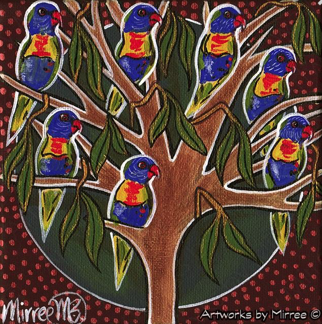 'Australian Rainbow Lorikeets in Tree' Life Changing Series Framed Canvas Print by Mirree Contemporary Aboriginal Art
