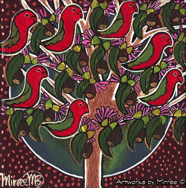 Australian King Parrots in Tree Framed Canvas Print by Mirree Contemporary Aboriginal Art