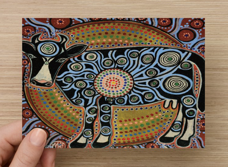 Sacred Cow Universal Spirit Dreaming Aboriginal Art A6 PostCard Single by Mirree