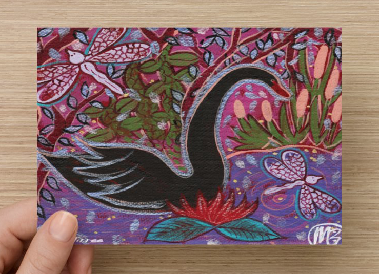 Black Swan Wisdom Universal Spirit Dreaming Aboriginal Art A6 PostCard Single by Mirree