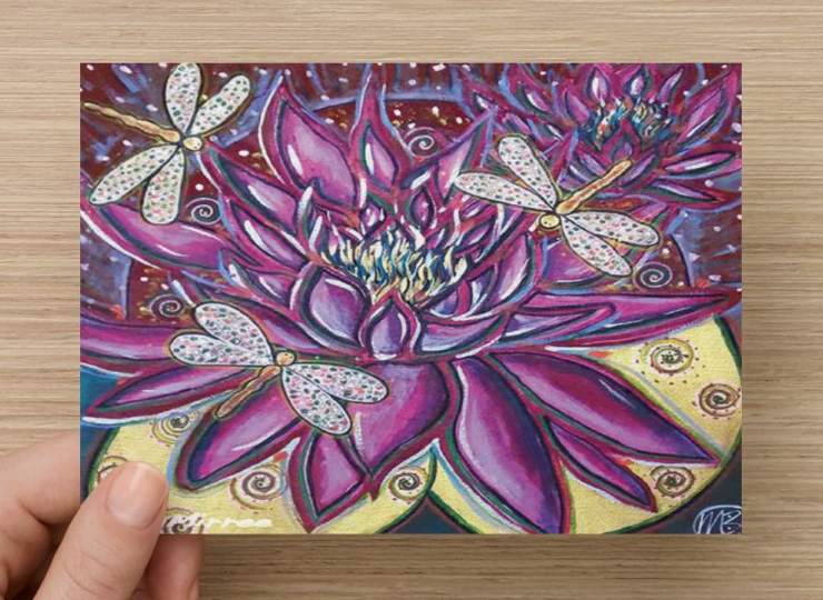 Pink Lotus with Dragonfly Universal Spirit Dreaming Aboriginal Art A6 PostCard Single by Mirree