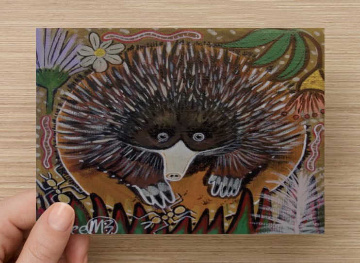 Short-Nosed Echidna Universal Spirit Dreaming Aboriginal Art A6 PostCard Single by Mirree