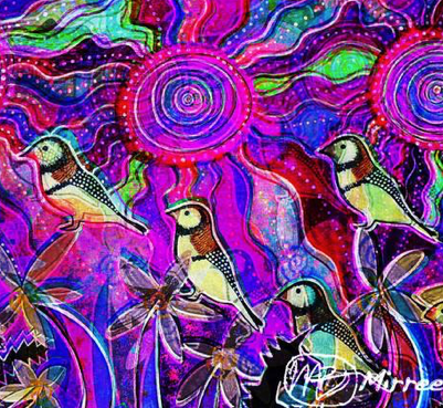 Ancestral Owl Finches Square Painting Girlcee Print by Mirree Contemporary Aboriginal Art