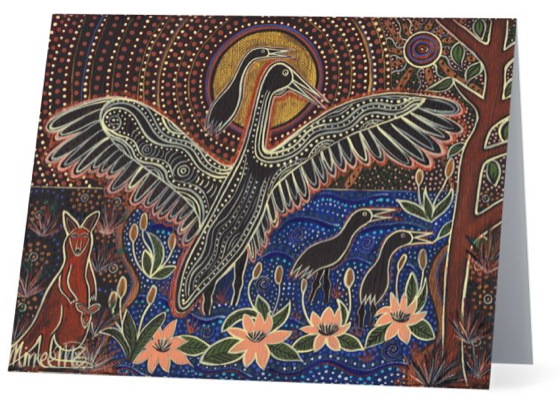 Original Luxury Brolga Babies Aboriginal Art Animal Dreaming Greeting Card Single by Mirree