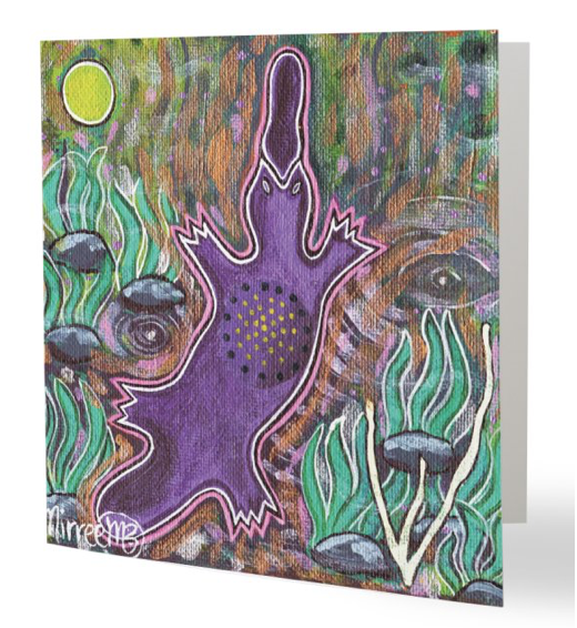 Original Luxury PLATYPUS BY THE MACQUARIE RIVER Aboriginal Art Animal Dreaming Greeting Card Single by Mirree