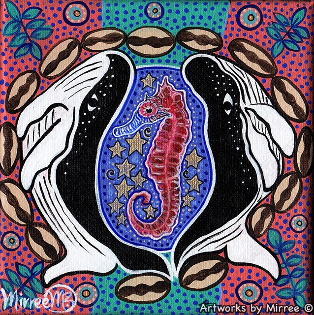 WHALE AND SEAHORSE DREAMING Framed Canvas Print by Mirree Contemporary Aboriginal Art