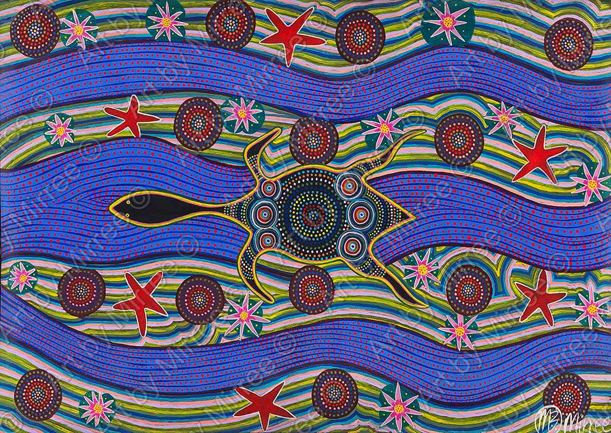 Dreamtime Original Snake-Head Turtle with lotus Emotions Contemporary Aboriginal Art Print by Mirree