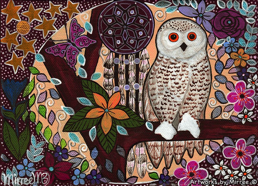 'Snowy Owl Dreaming with Butterfly & flower medicine with Dreamcatcher' A3 Girlcee Print by Mirree Contemporary Aboriginal Art