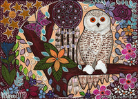 Thumbnail for 'Snowy Owl Dreaming with Butterfly & flower medicine with Dreamcatcher' A3 Girlcee Print by Mirree Contemporary Aboriginal Art