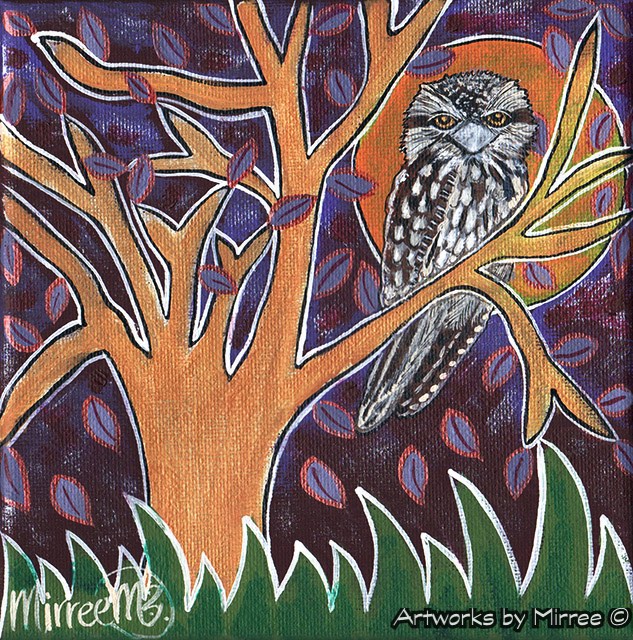 'TAWNY FROGMOUTH IN TREE' Framed Canvas Print by Mirree Contemporary Aboriginal Art
