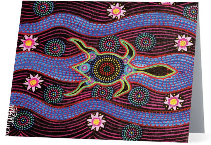 Snake Head Turtle with Lotus Luxury Aboriginal Art Animal Dreaming Greeting Card Single by Mirree