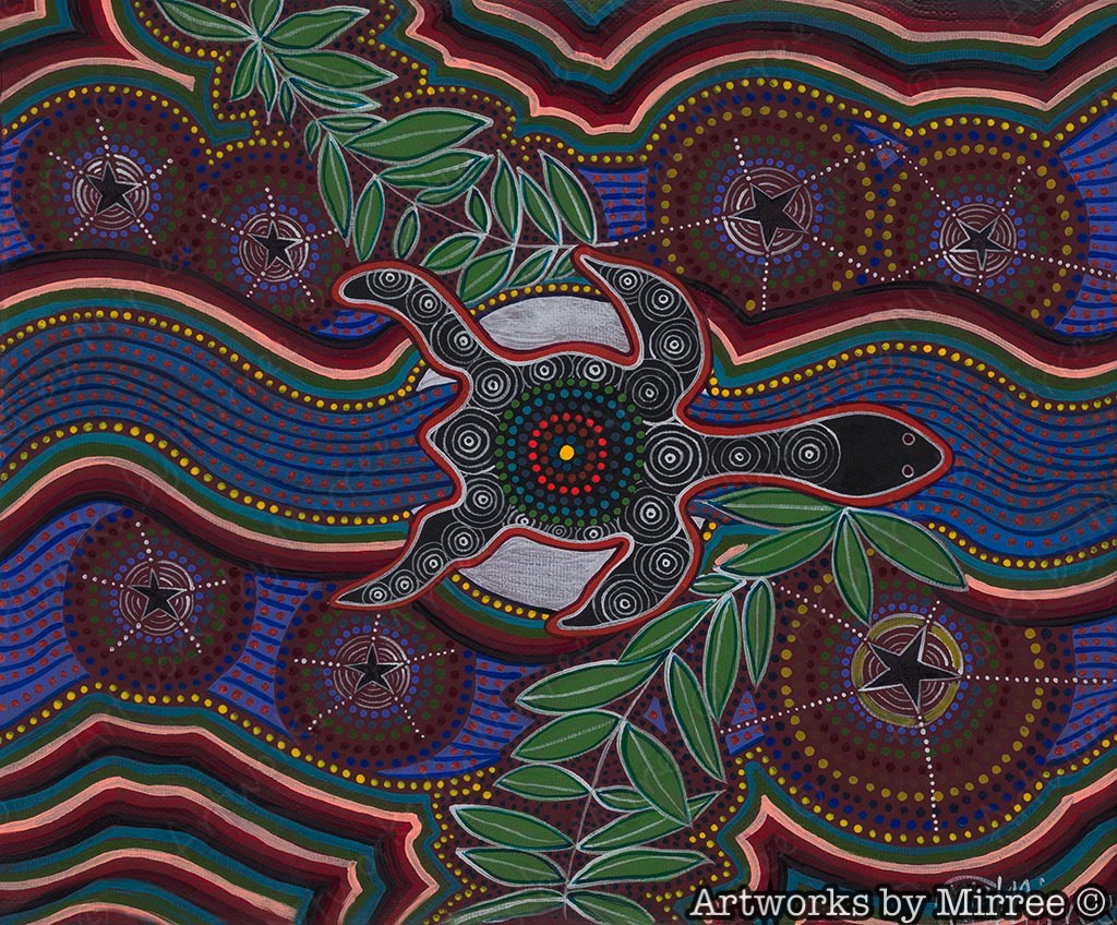 Turtle Dreaming by moonlight with leaves Painting Giclee Print Contemporary Aboriginal Art Print by Mirree