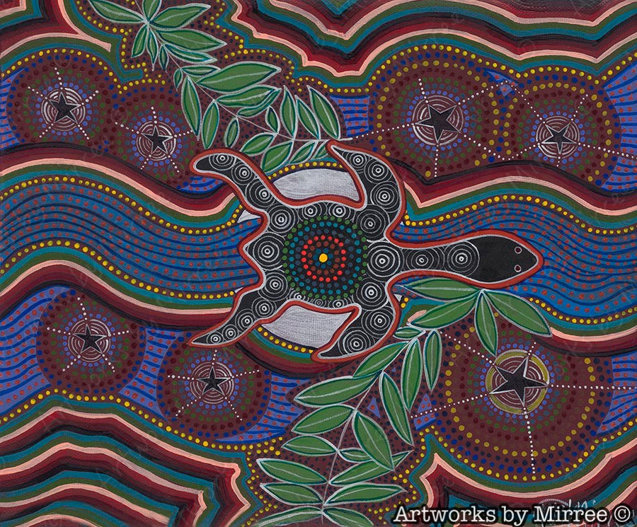 Turtle Dreaming by moonlight with leaves Painting Giclee Print Contemporary Aboriginal Art Print by Mirree