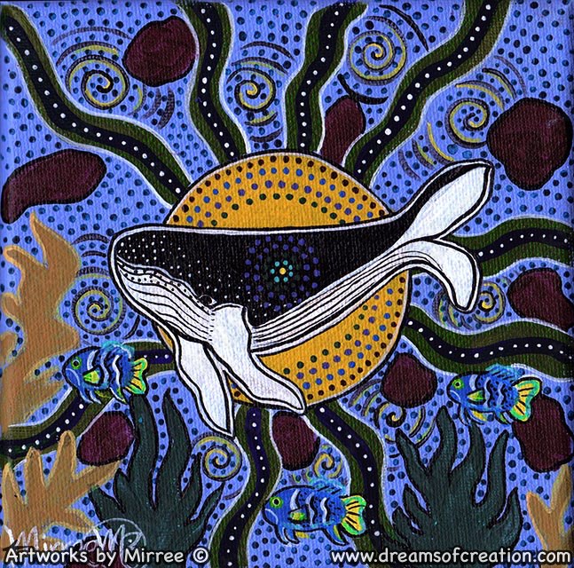 Humpback Whale & Eastern Blue Devil Fish Dreaming Small Contemporary Aboriginal Art Original Painting by Mirree