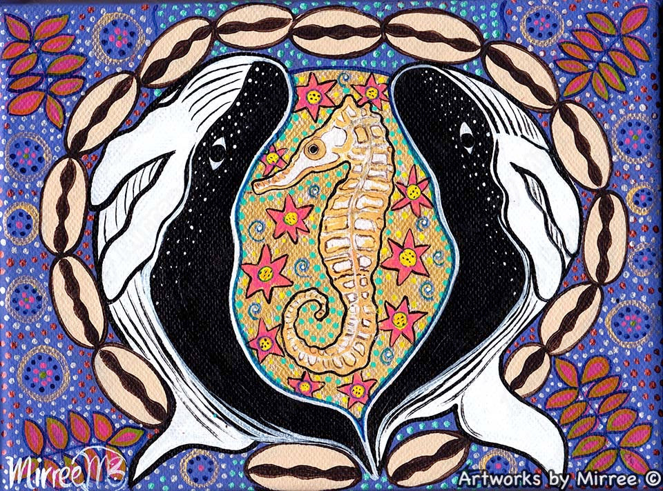 Whale & Sea Horse Dreaming Contemporary Aboriginal Art Original Painting by Mirree