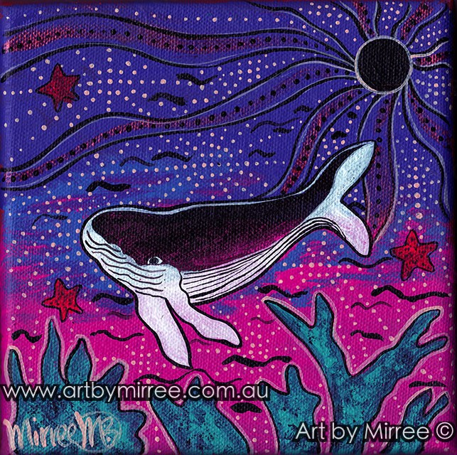 Humpback Whale with Star Fish Dreaming Small Contemporary Aboriginal Art Original Painting by Mirree