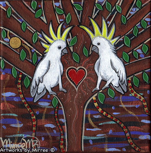 'Australian Sulphur Crested White Cockatoos' Tree of Life Framed Canvas Print by Mirree Contemporary Aboriginal Art