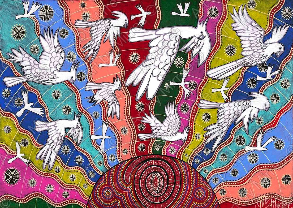 Dreamtime Sulphur Crested Cockatoo Rebirth Contemporary Aboriginal Art Print by Mirree