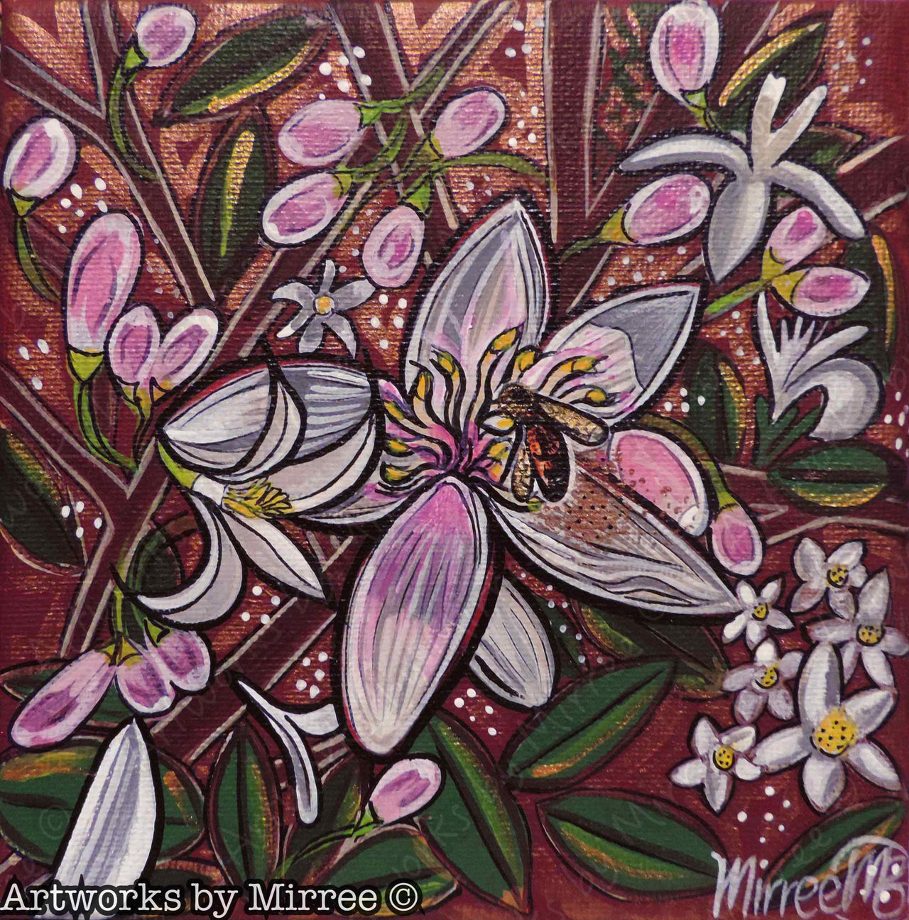 'White Flower Blossoming with Bee' Original Painting by Mirree Contemporary Dreamtime Animal Dreaming