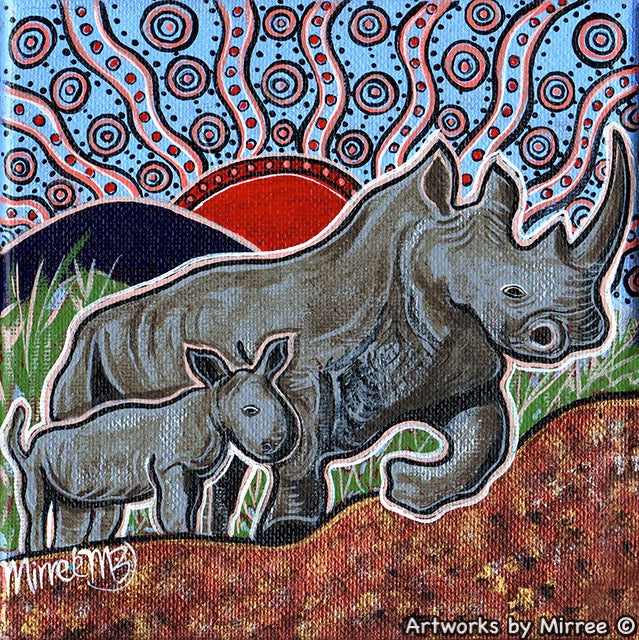 'White Rhino and Baby Dreaming' Original Painting by Mirree Contemporary International Dreamtime Animal Collection
