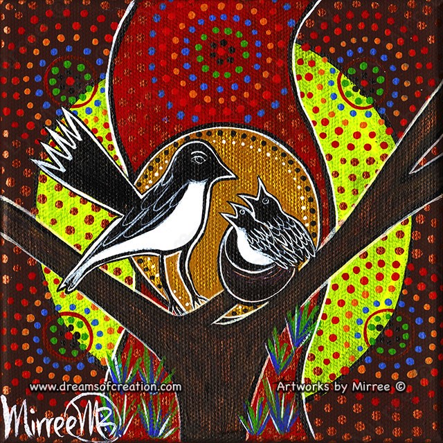 WILLIE WAGTAIL AND BABY DREAMING Framed Canvas Print by Mirree Contemporary Aboriginal Art