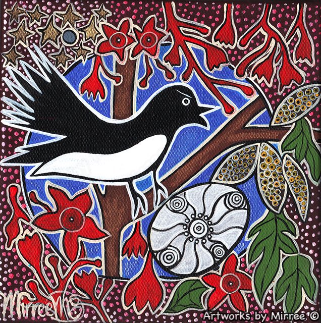 Willie WagTail Dreaming with Coolamon Small Contemporary Aboriginal Art Original Painting by Mirree