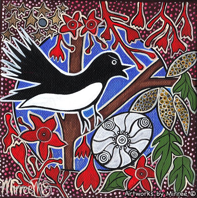 Willie Wagtail Dreaming with Coolamon Framed Canvas Print by Mirree Contemporary Aboriginal Art