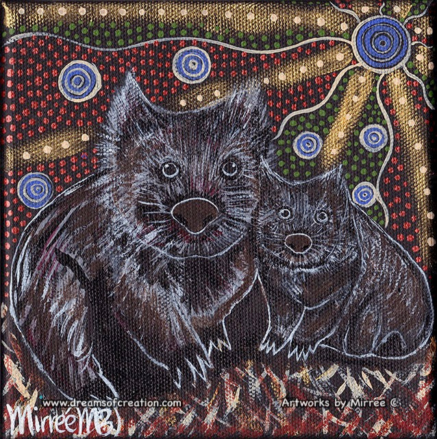 AUSTRALIAN WOMBAT AND BABY Framed Canvas Print by Mirree Contemporary Aboriginal Art