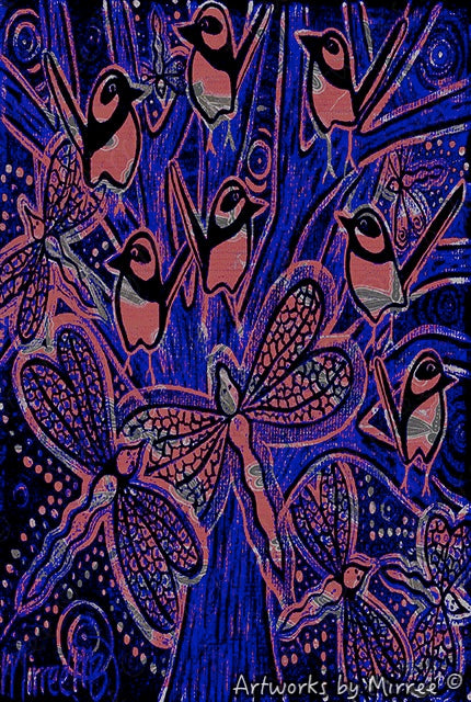 'Woodland Forest Wren by Twilight with Dragonfly' A3 Girlcee Print by Mirree Contemporary Aboriginal Art