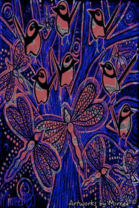 Thumbnail for 'Woodland Forest Wren by Twilight with Dragonfly' A3 Girlcee Print by Mirree Contemporary Aboriginal Art