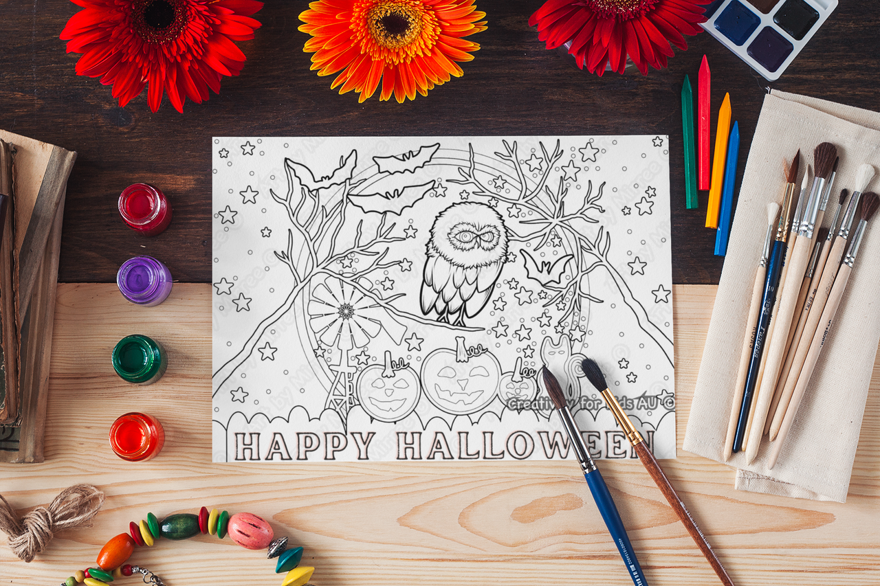 'Happy Halloween Colouring Single PDF Page COLOURING PAGE' by Mirree Contemporary Dreamtime Series