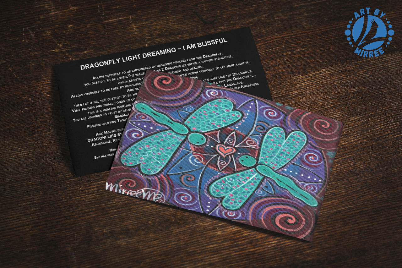 'Dragonfly Dreaming I am Blissful' Aboriginal Art A6 Story PostCard Single by Mirree