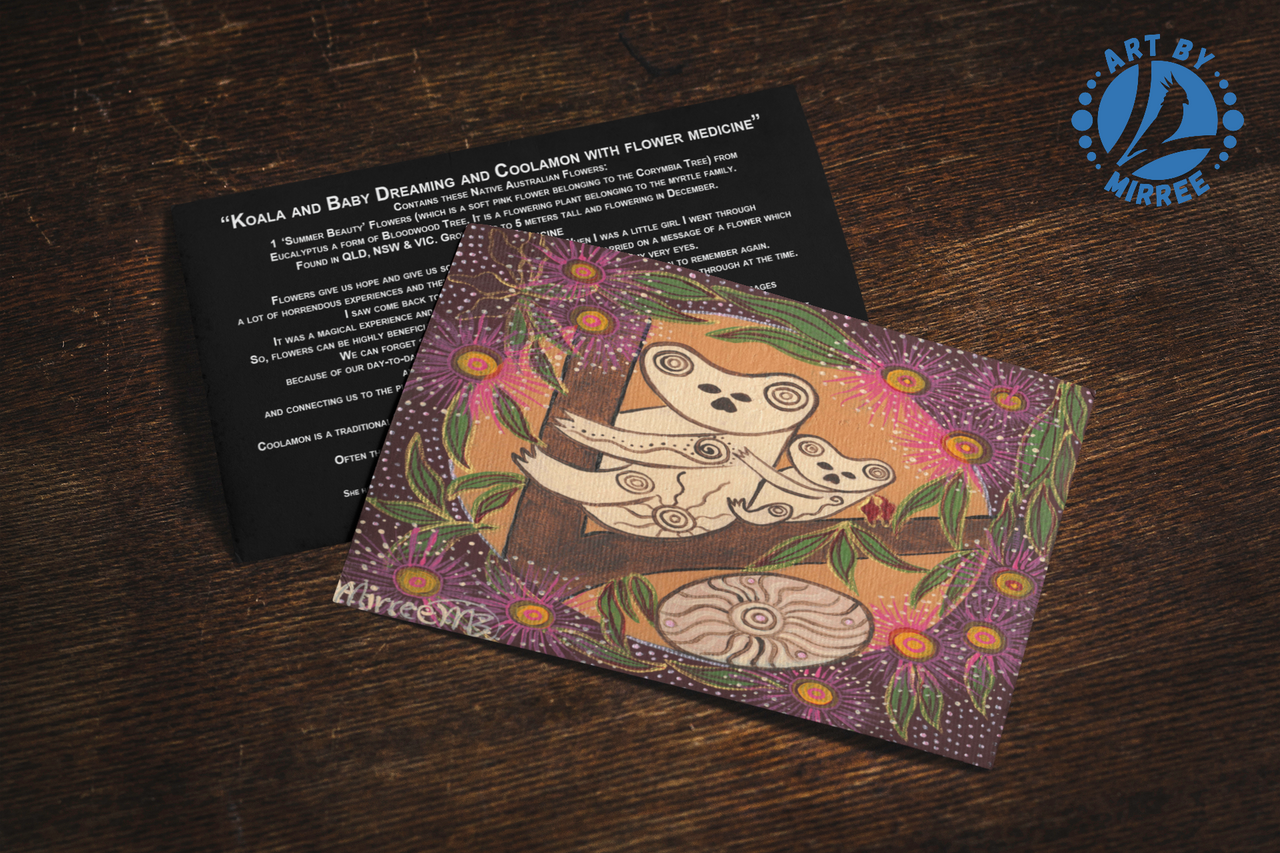 'Koala and Baby Dreaming with Coolamon and Flower Medicine' Aboriginal Art A6 Story PostCard Single by Mirree