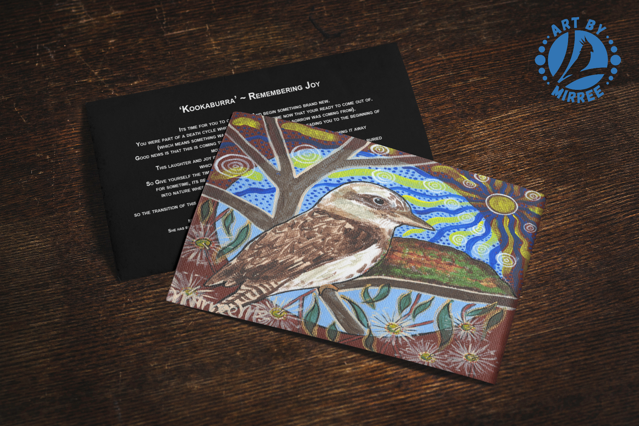 'Kookaburra with Flower Medicine' Aboriginal Art A6 Story PostCard Single by Mirree