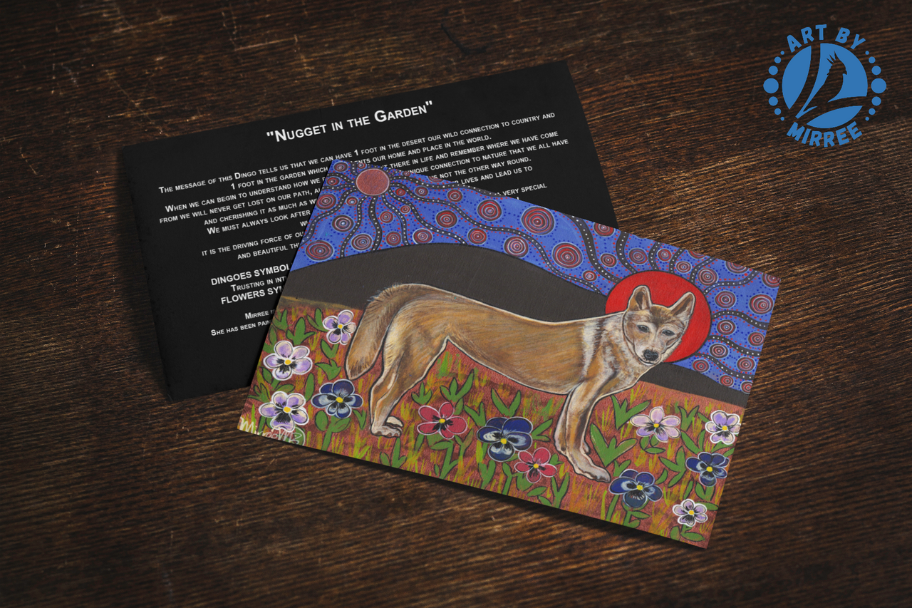 'Dingo with Flower Medicine' Aboriginal Art A6 Story PostCard Single by Mirree