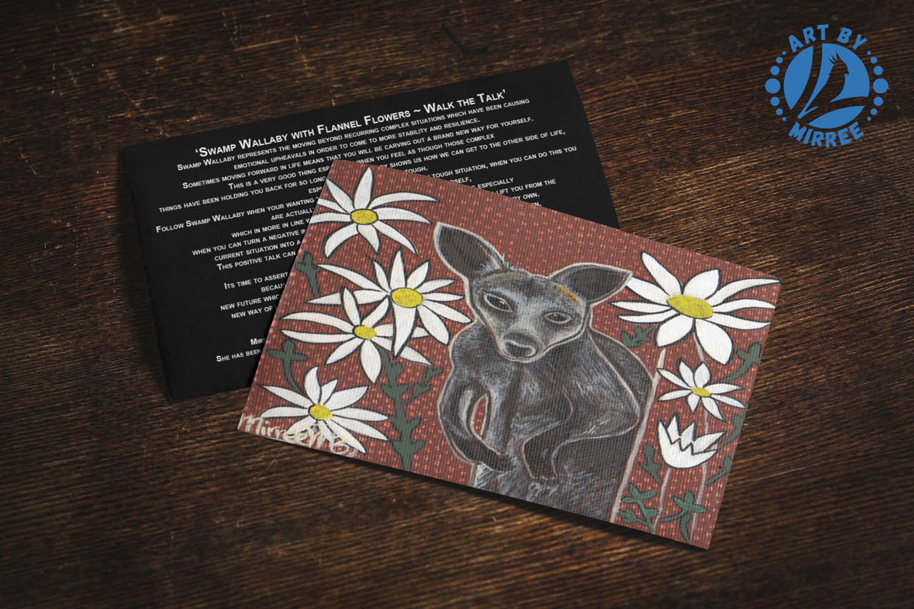 'Swamp Wallaby with Flower Medicine' Aboriginal Art A6 Story PostCard Single by Mirree