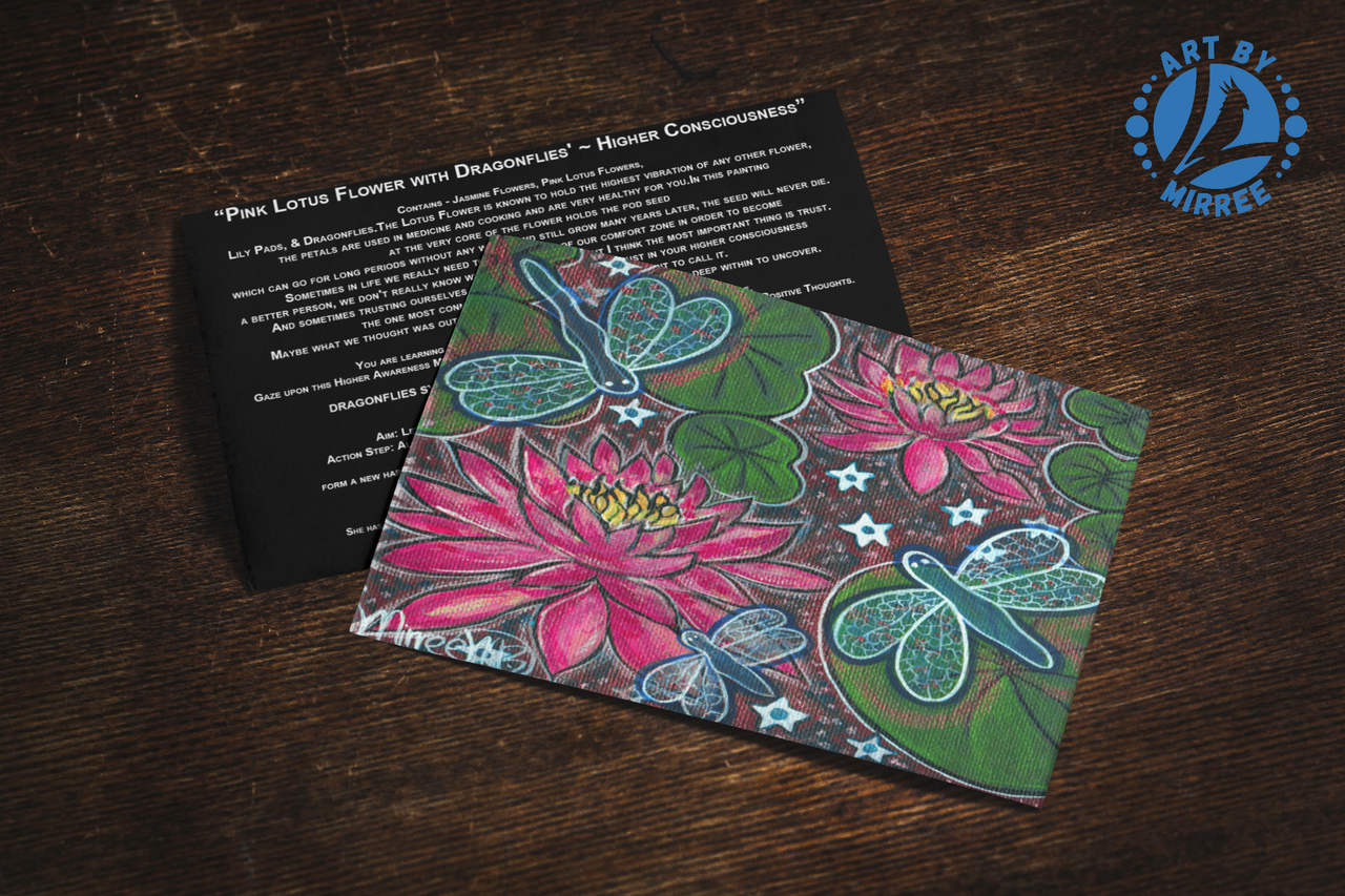 'Dragonflies with Lilly Pads and Flower Medicine' Aboriginal Art A6 Story PostCard Single by Mirree