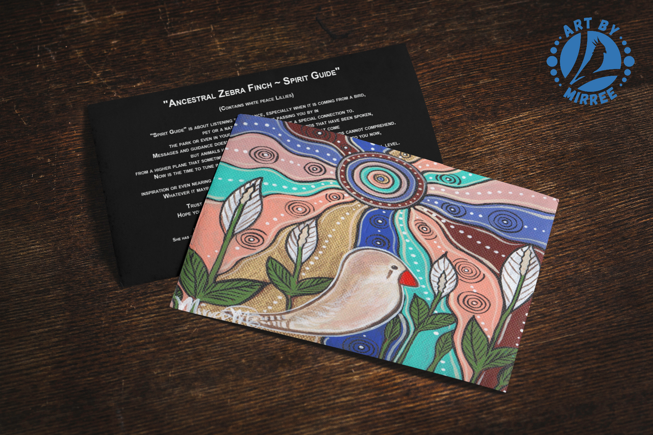 'Zebra Finch with Flower Medicine' Aboriginal Art A6 Story PostCard Single by Mirree